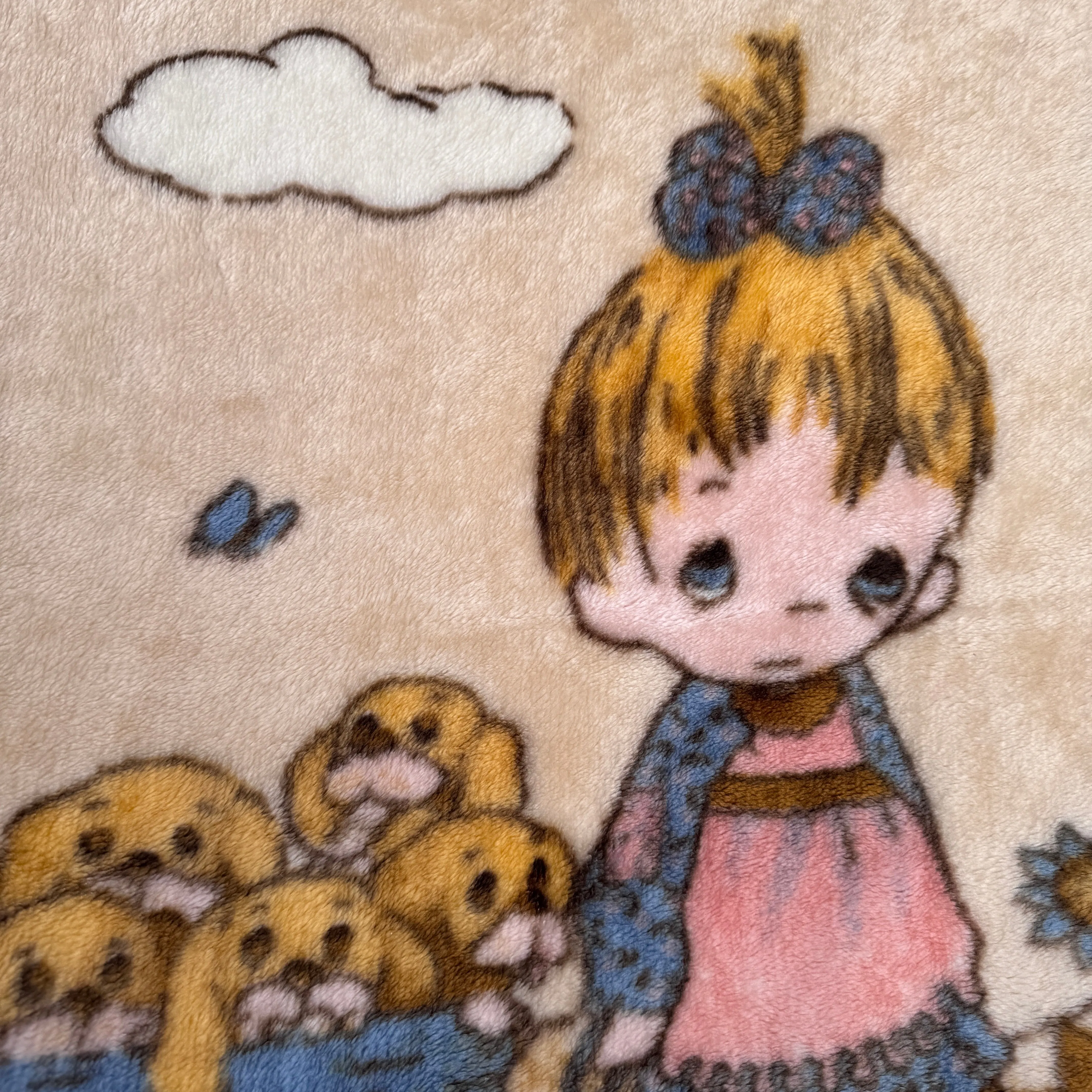 Vintage Precious Moments Baby Toddler Little Girl Dogs Puppies Blanket Cheerful Giver Luxury Plush Raschel Thick Velvet Velour Minky Throw 39" x 42”