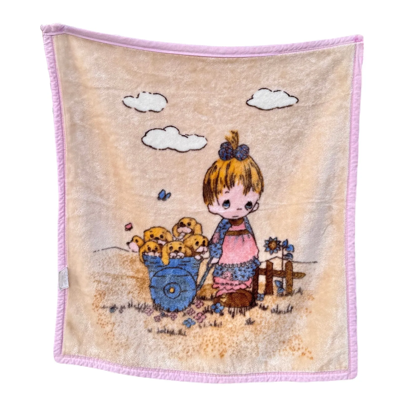 Vintage Precious Moments Baby Toddler Little Girl Dogs Puppies Blanket Cheerful Giver Luxury Plush Raschel Thick Velvet Velour Minky Throw 39" x 42”