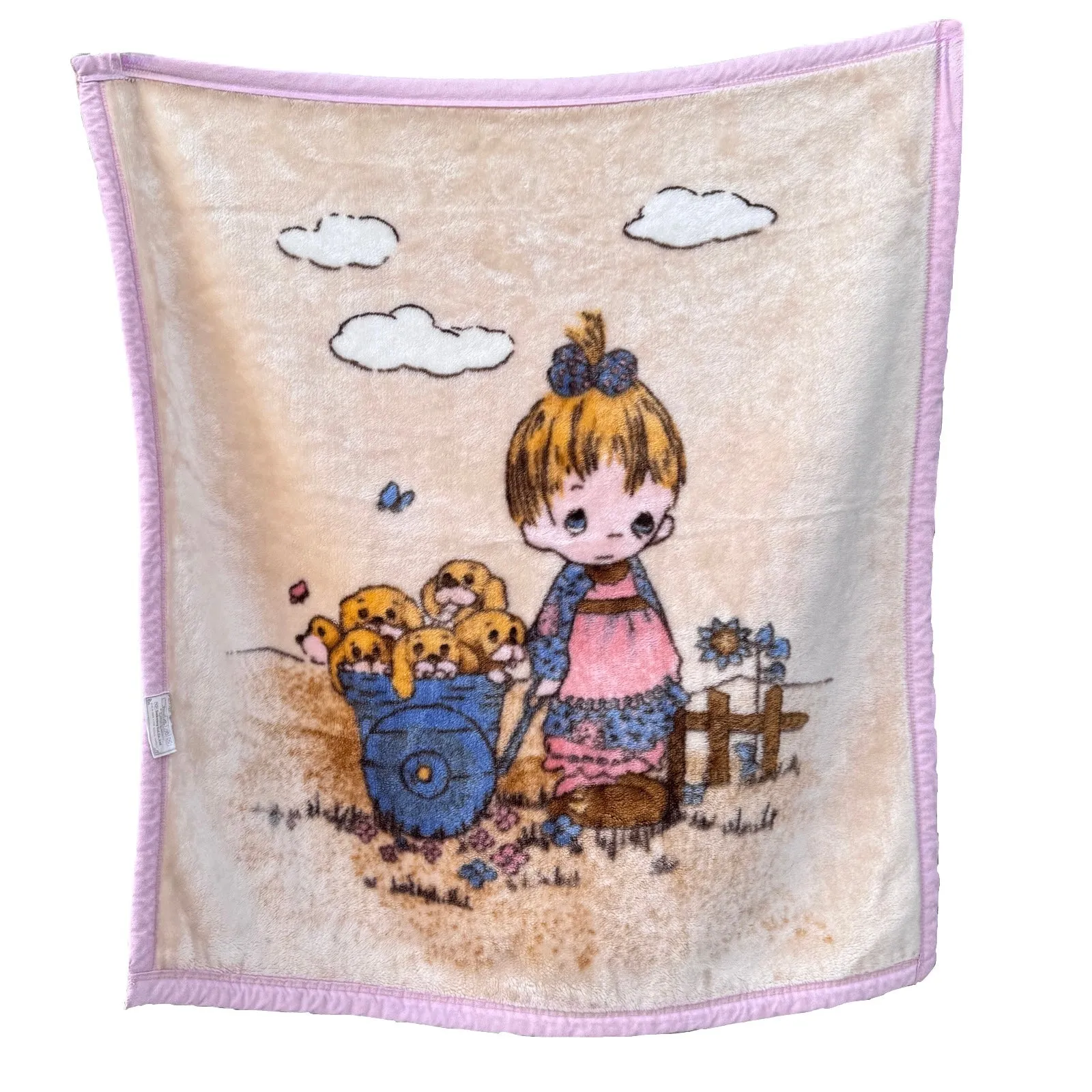 Vintage Precious Moments Baby Toddler Little Girl Dogs Puppies Blanket Cheerful Giver Luxury Plush Raschel Thick Velvet Velour Minky Throw 39" x 42”