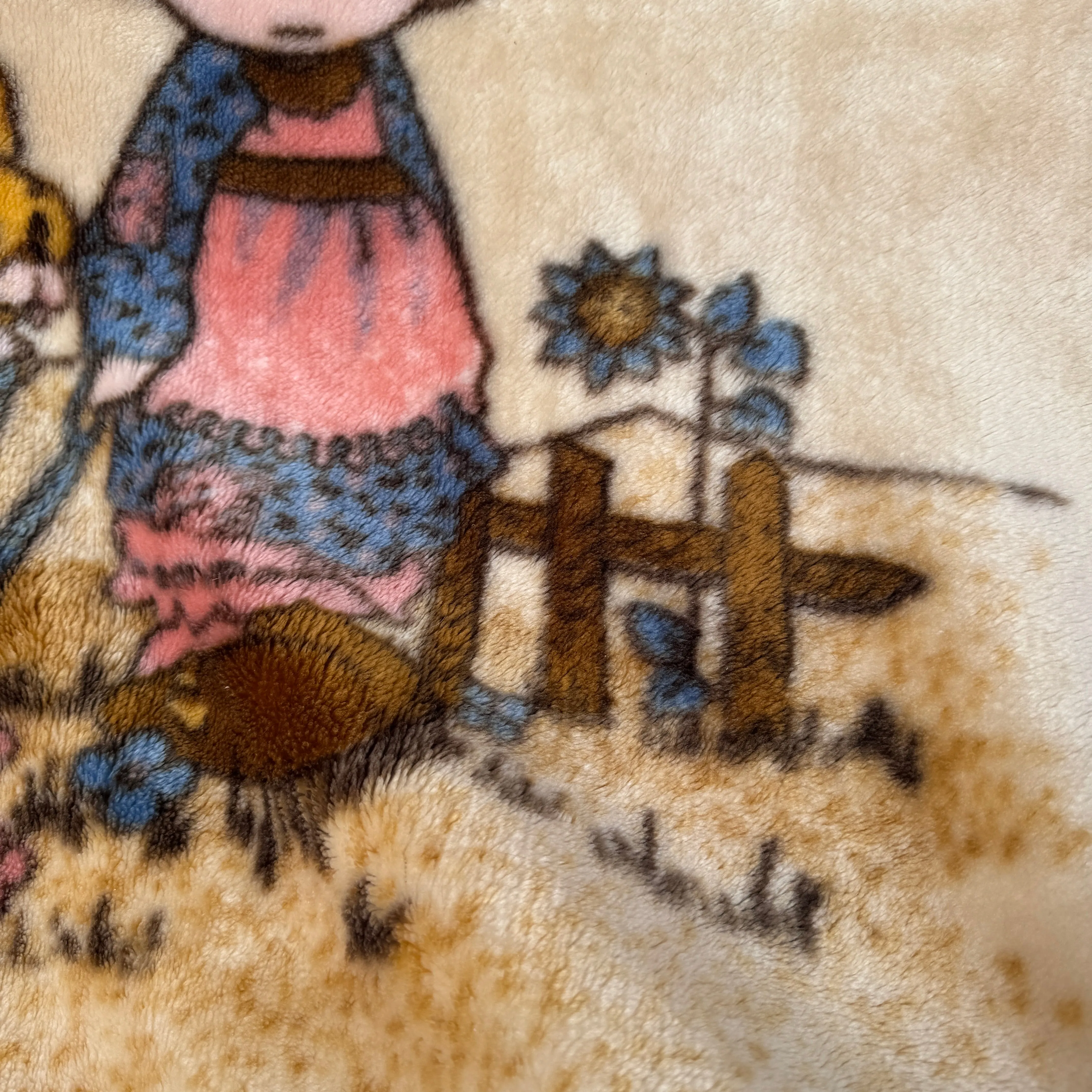 Vintage Precious Moments Baby Toddler Little Girl Dogs Puppies Blanket Cheerful Giver Luxury Plush Raschel Thick Velvet Velour Minky Throw 39" x 42”