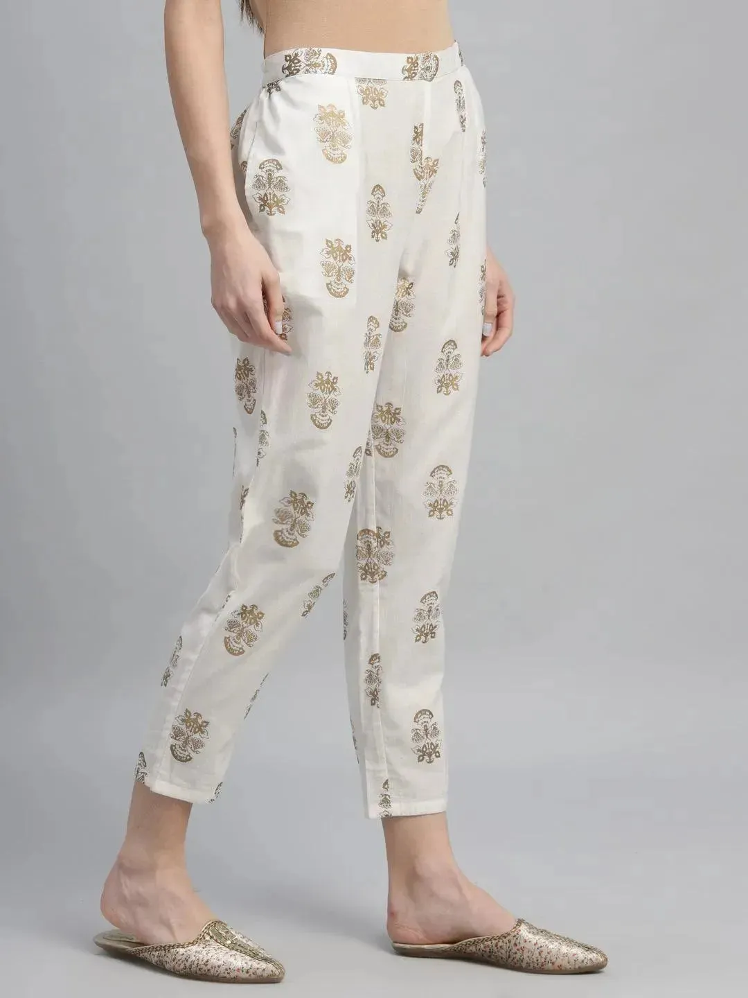 White Printed Cotton Trousers