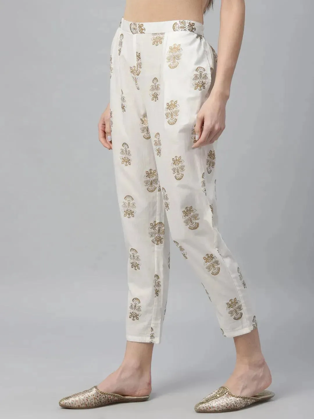 White Printed Cotton Trousers