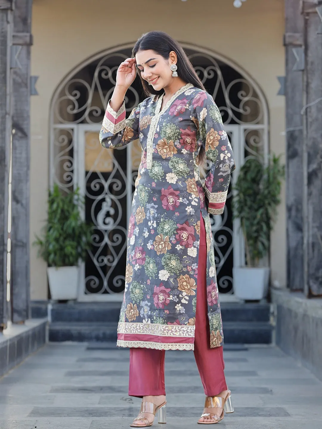 Women Grey Silk Bland kurta set with Thread Work Kurta Trouser Set