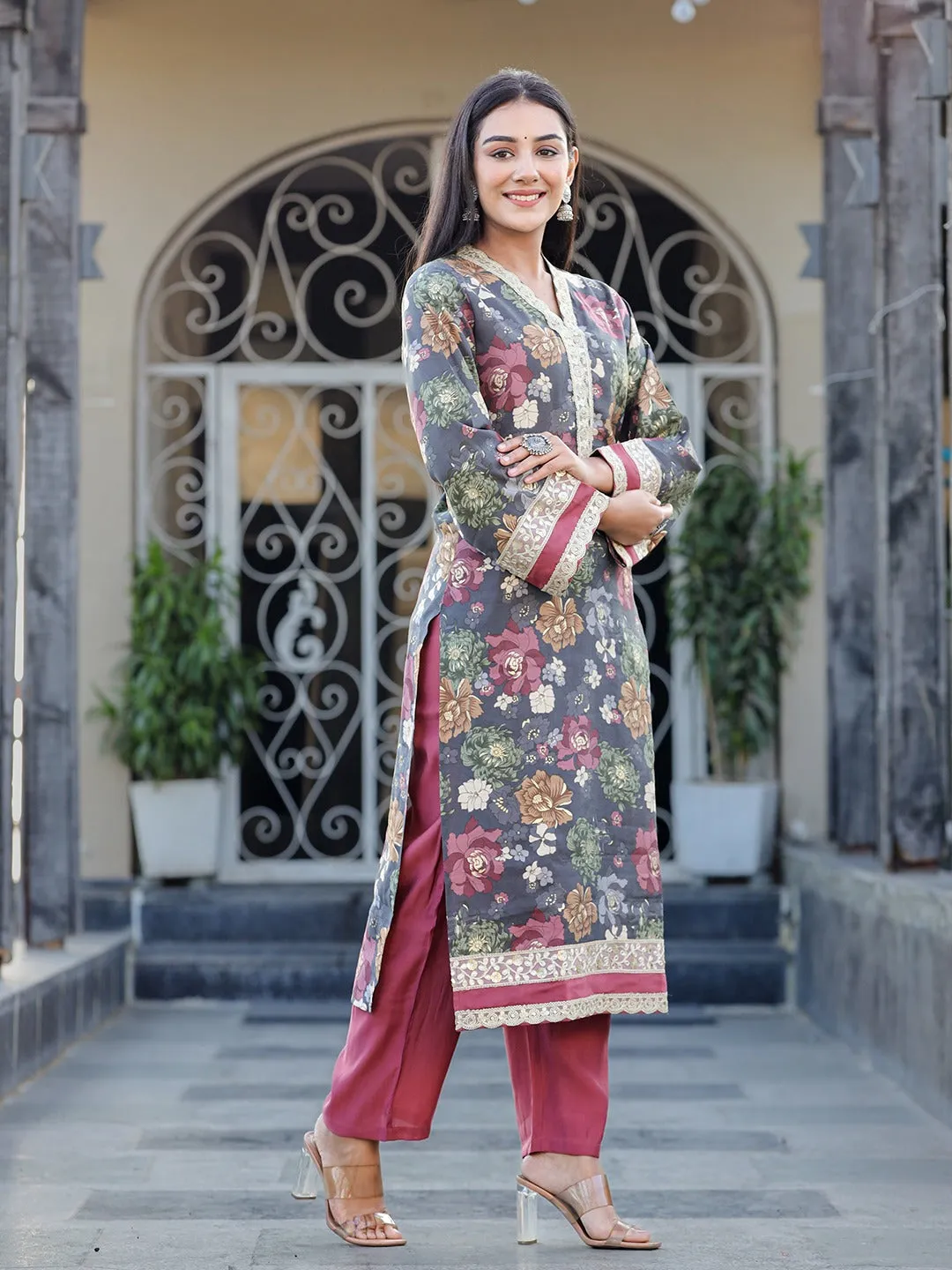 Women Grey Silk Bland kurta set with Thread Work Kurta Trouser Set