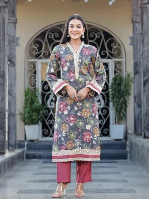 Women Grey Silk Bland kurta set with Thread Work Kurta Trouser Set