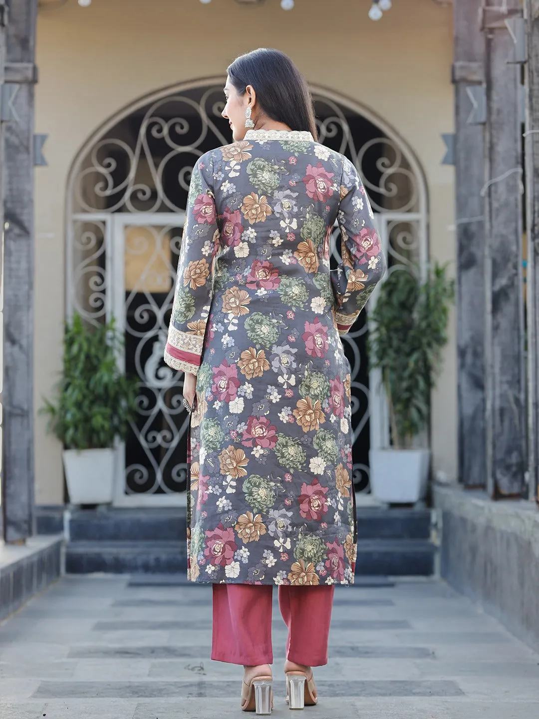 Women Grey Silk Bland kurta set with Thread Work Kurta Trouser Set